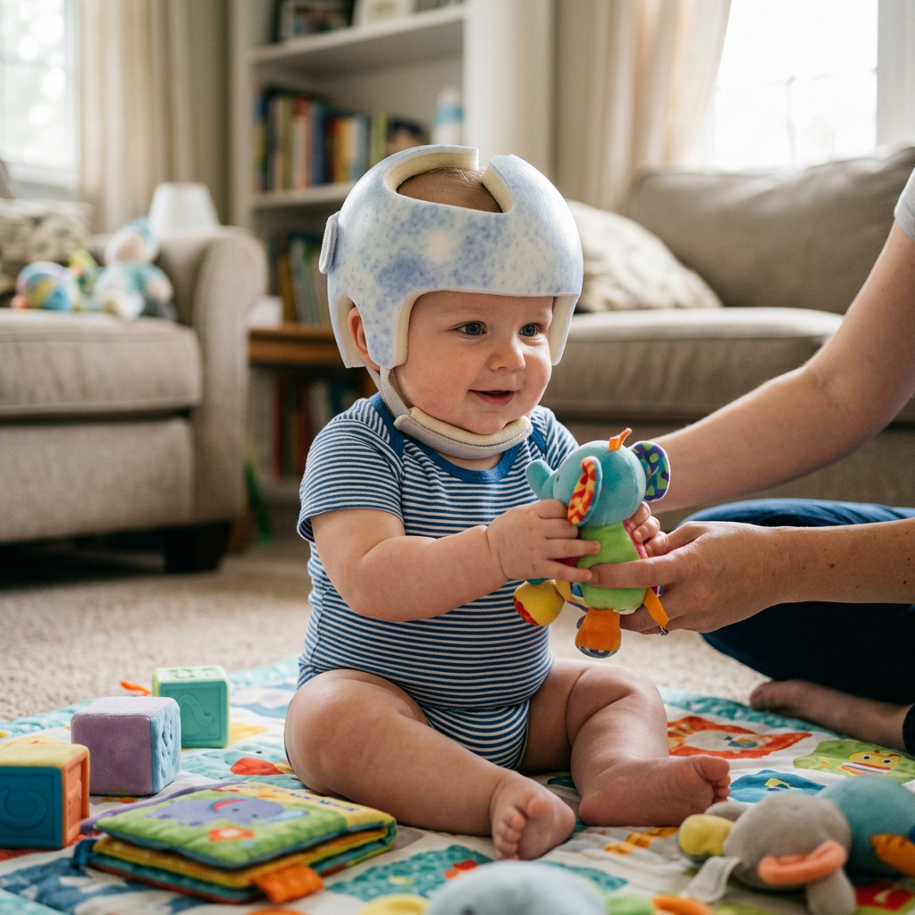 Baby sitting on play mat wearing protective helmet and playing with colorful stuffed toy