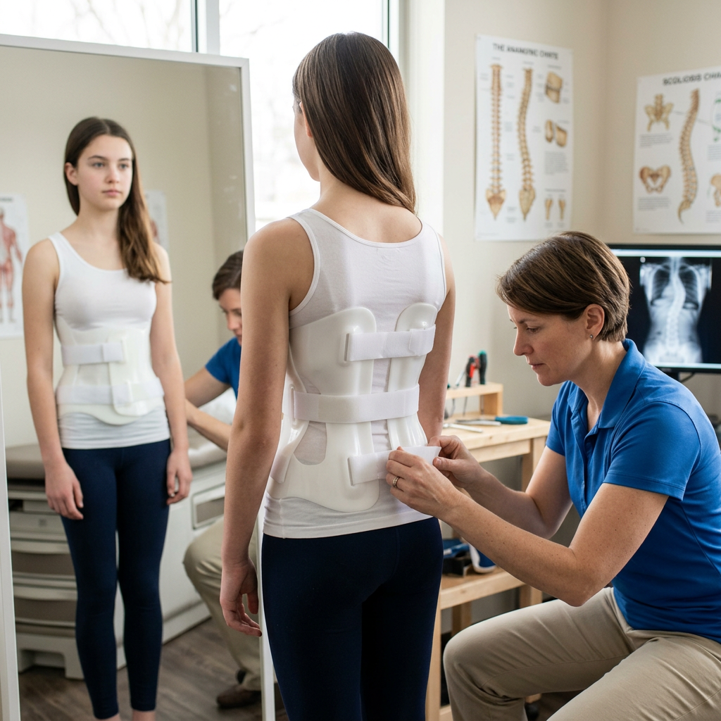 Young girl wearing white scoliosis back brace being adjusted by healthcare professional
