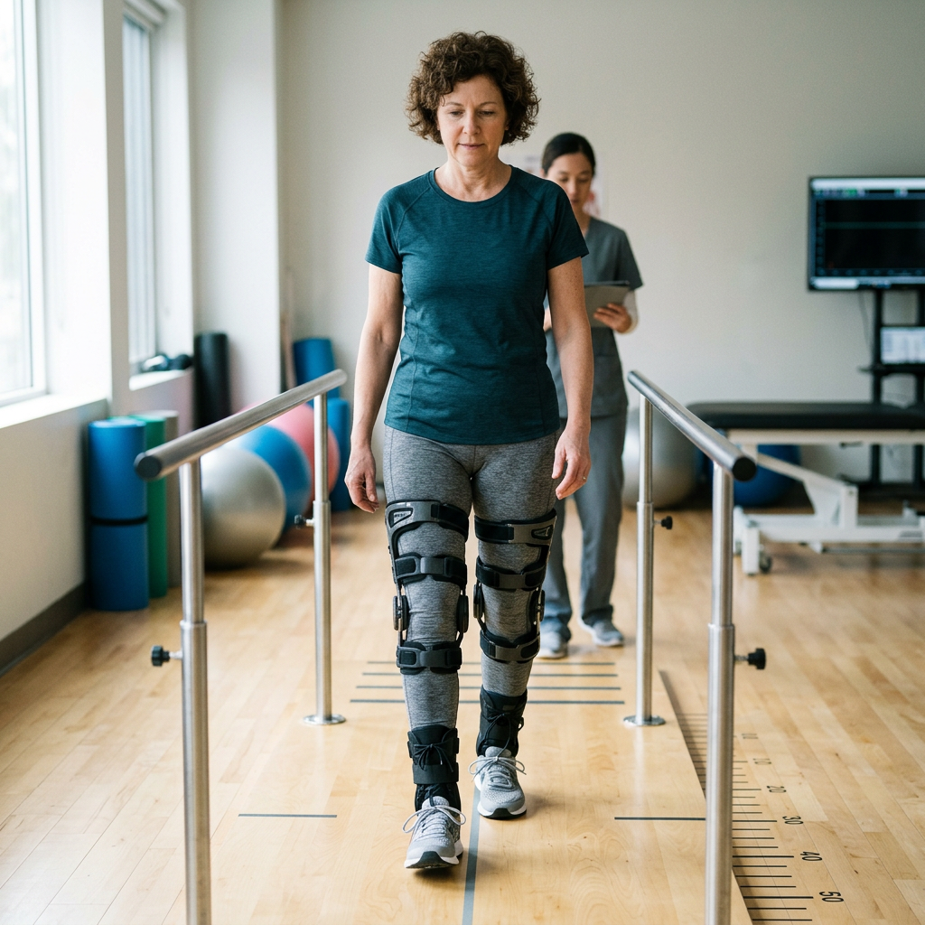 Middle-aged woman walking with leg braces in a physical therapy gym