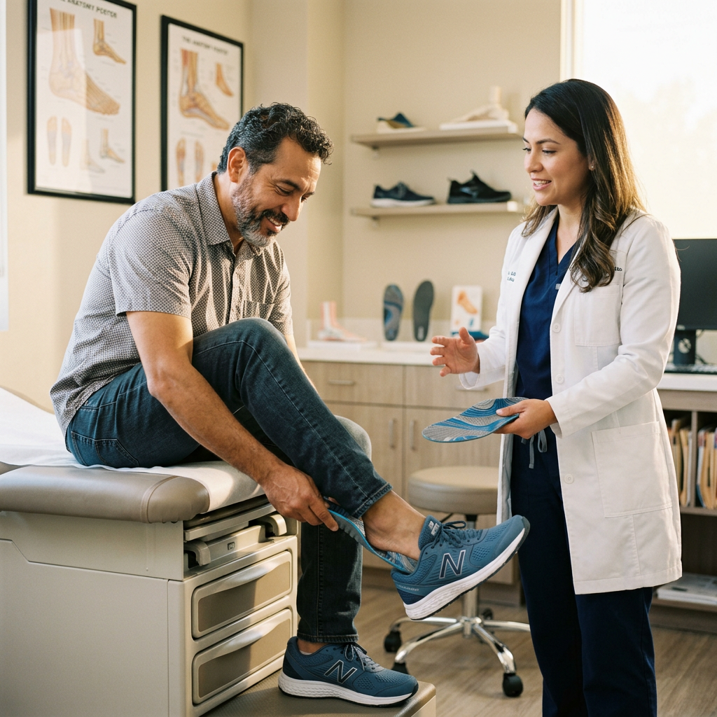 Podiatrist fitting a patient with blue custom orthotic insoles