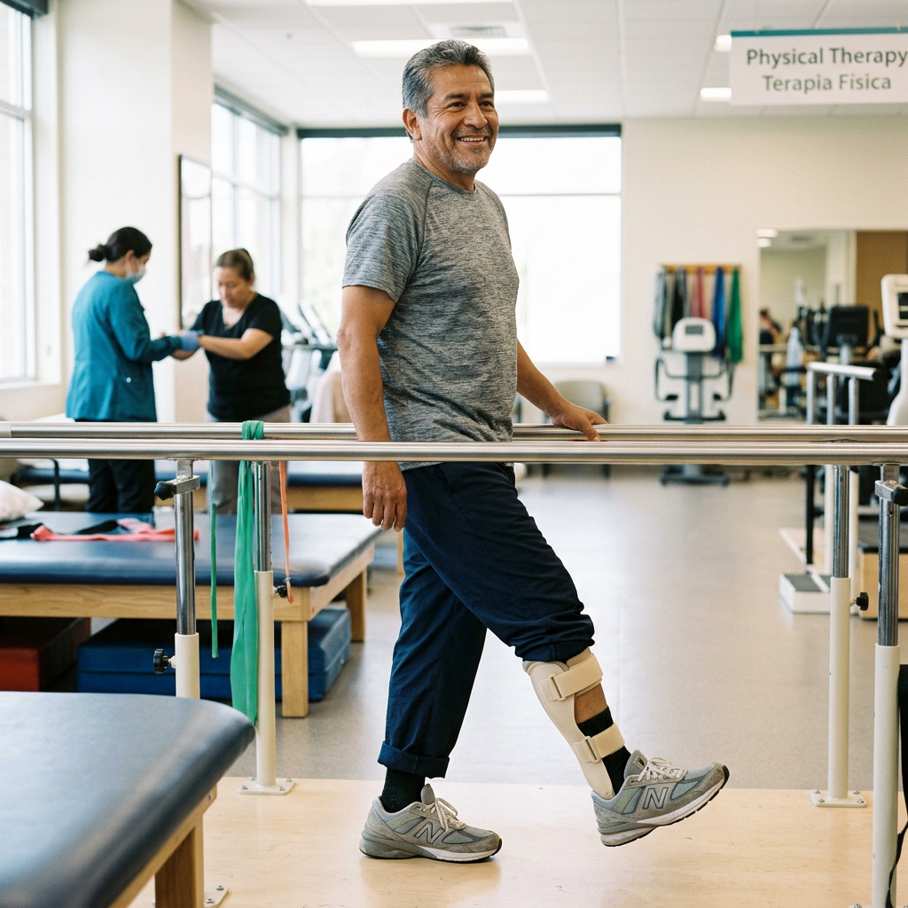 Latino patient wearing AFO walking