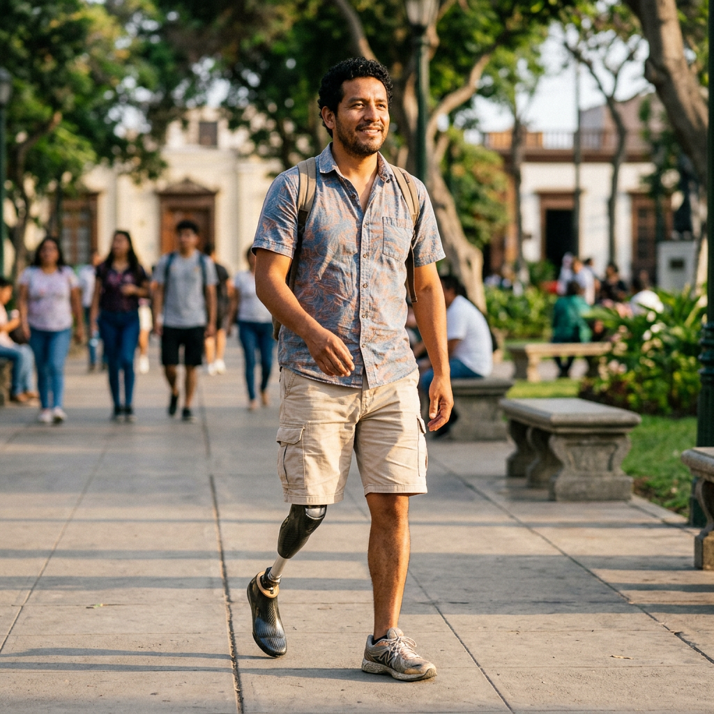 Man with a prosthetic leg walking along a paved path in a park.