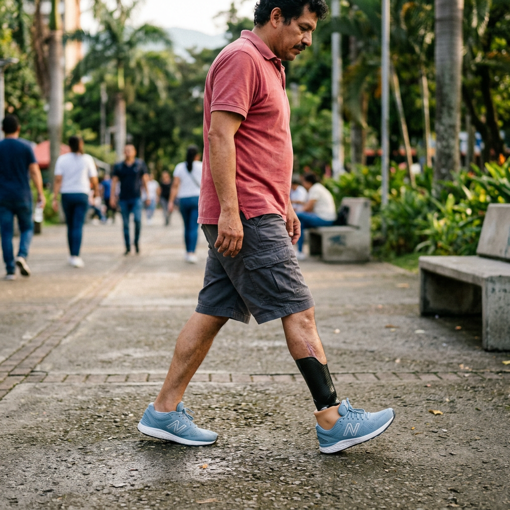 Man walking with black prosthetic leg and blue sneakers on urban path